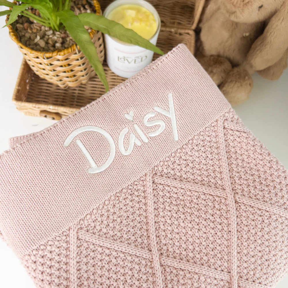 Personalised Diamond Knit Baby Blanket - Rosewater - Image 3