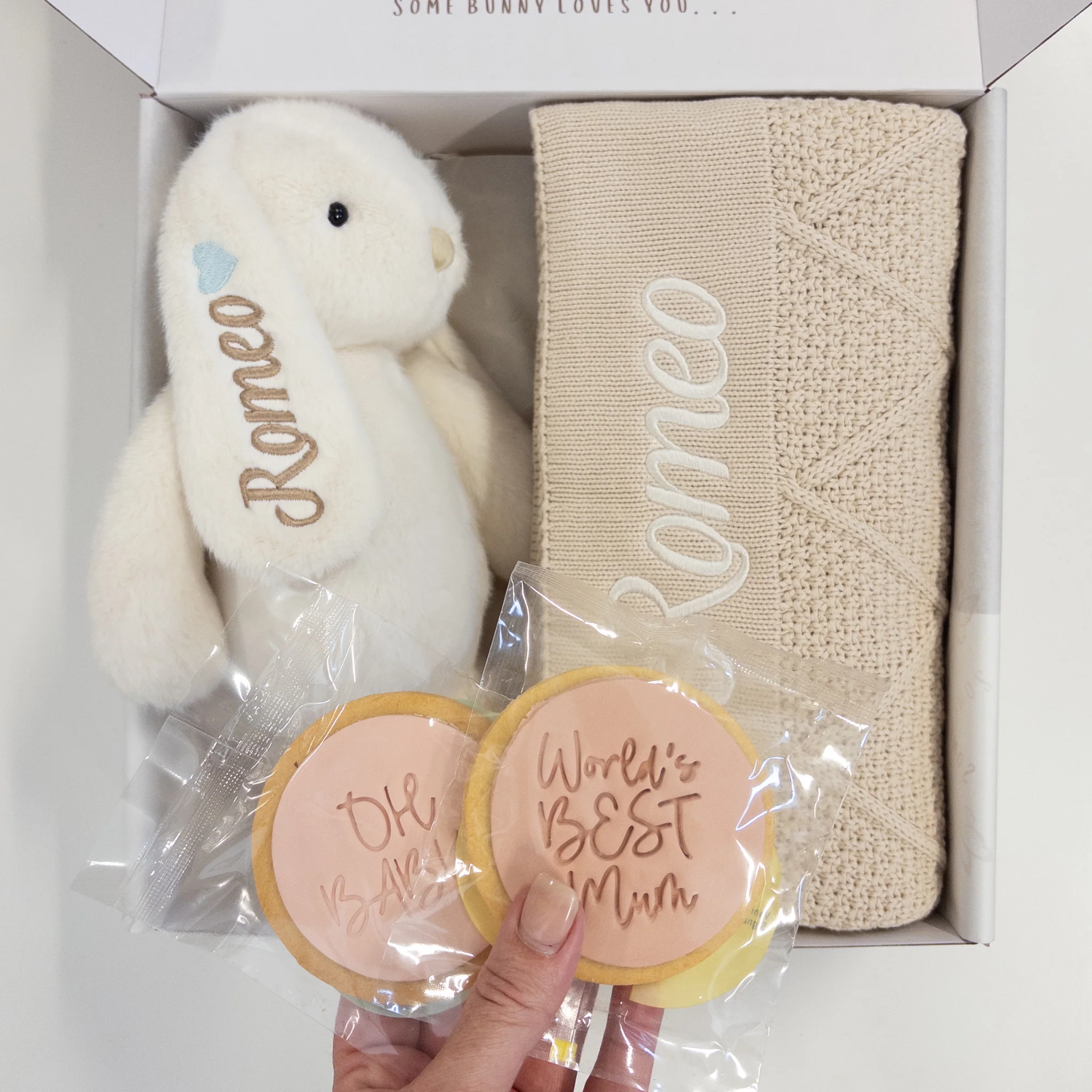 Personalised Marshmallow Bunny & Oatmeal Diamond Knit Blanket Baby Hamper - Image 3