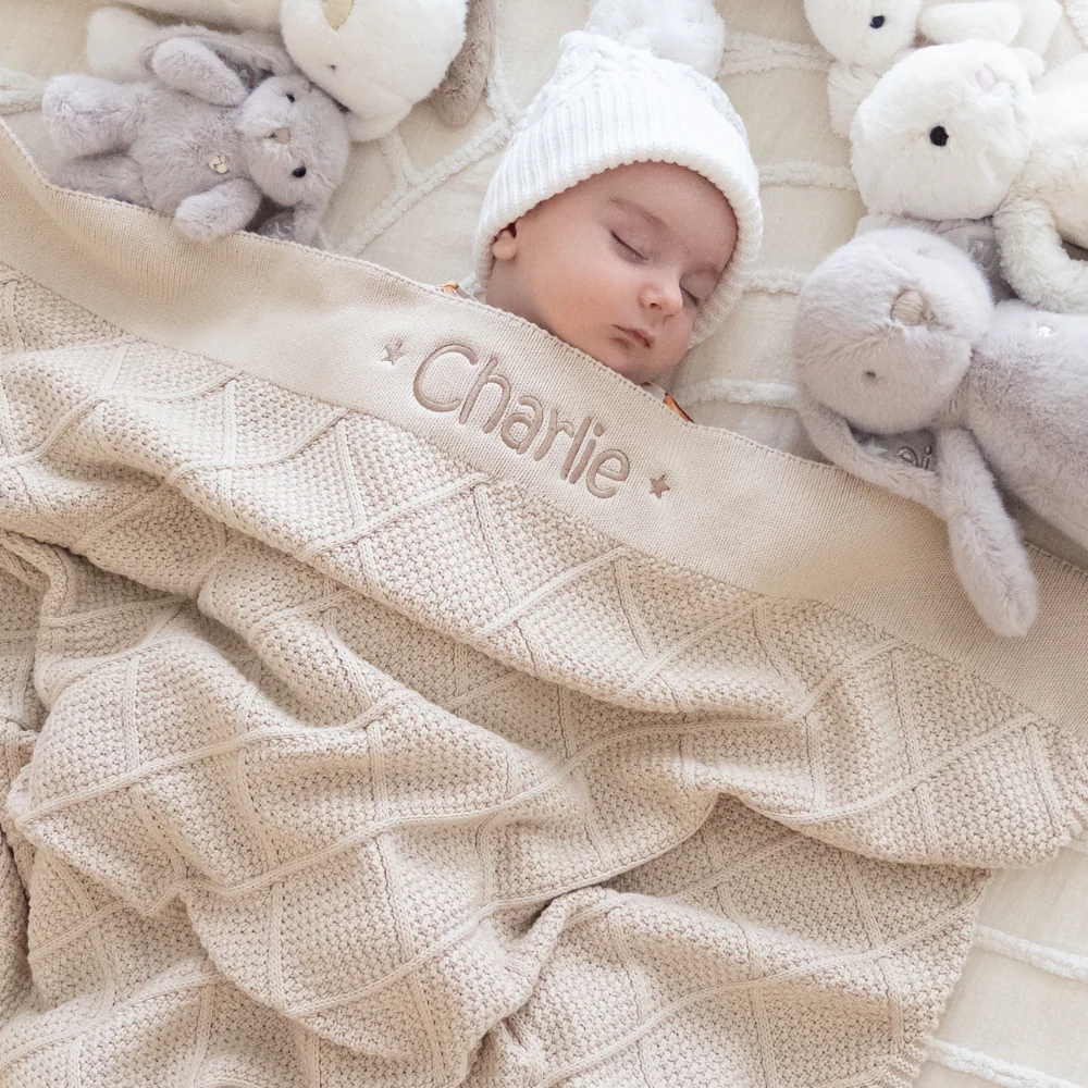 Personalised Marshmallow Bunny & Oatmeal Diamond Knit Blanket Baby Hamper - Image 4
