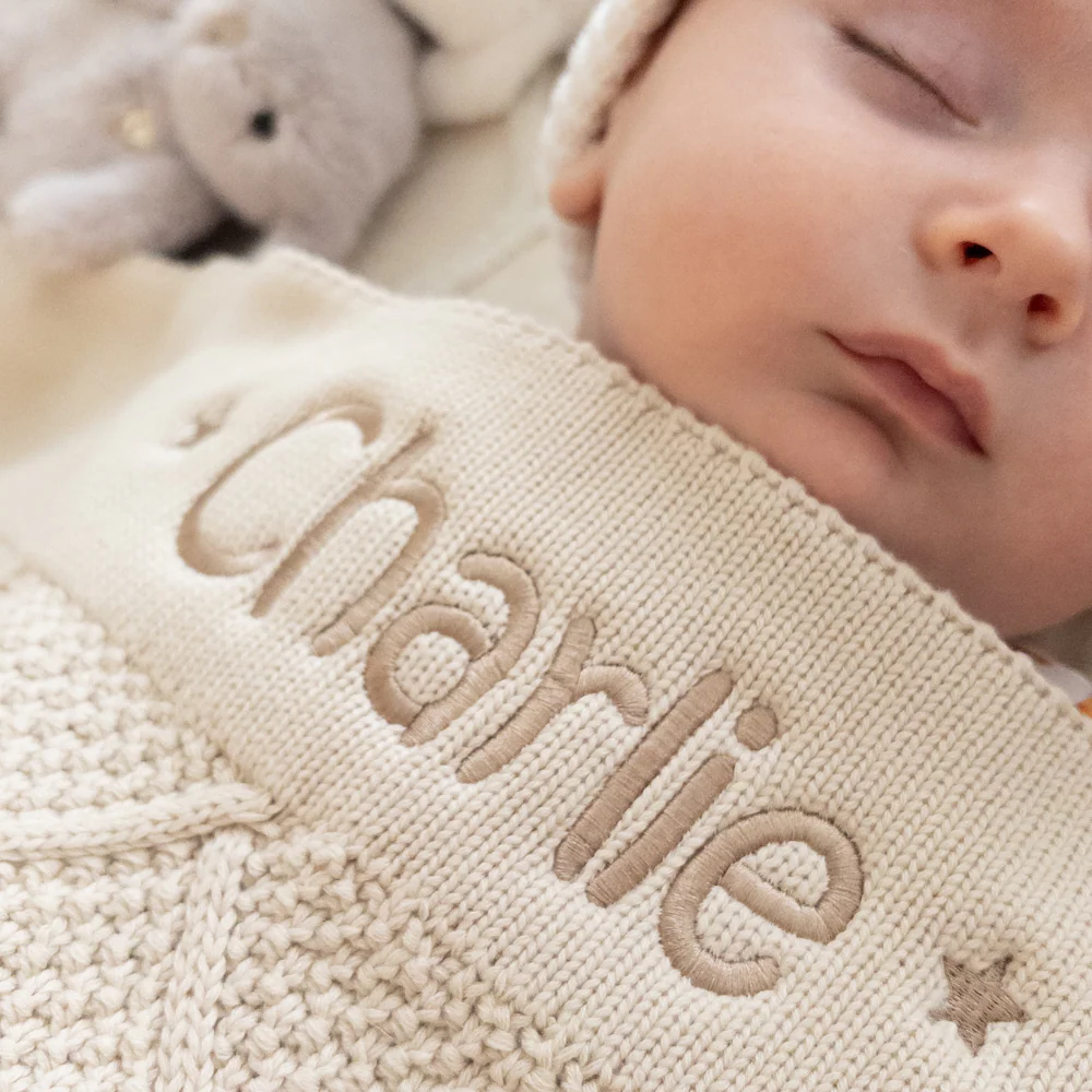 Personalised Marshmallow Bunny & Oatmeal Diamond Knit Blanket Baby Hamper - Image 5