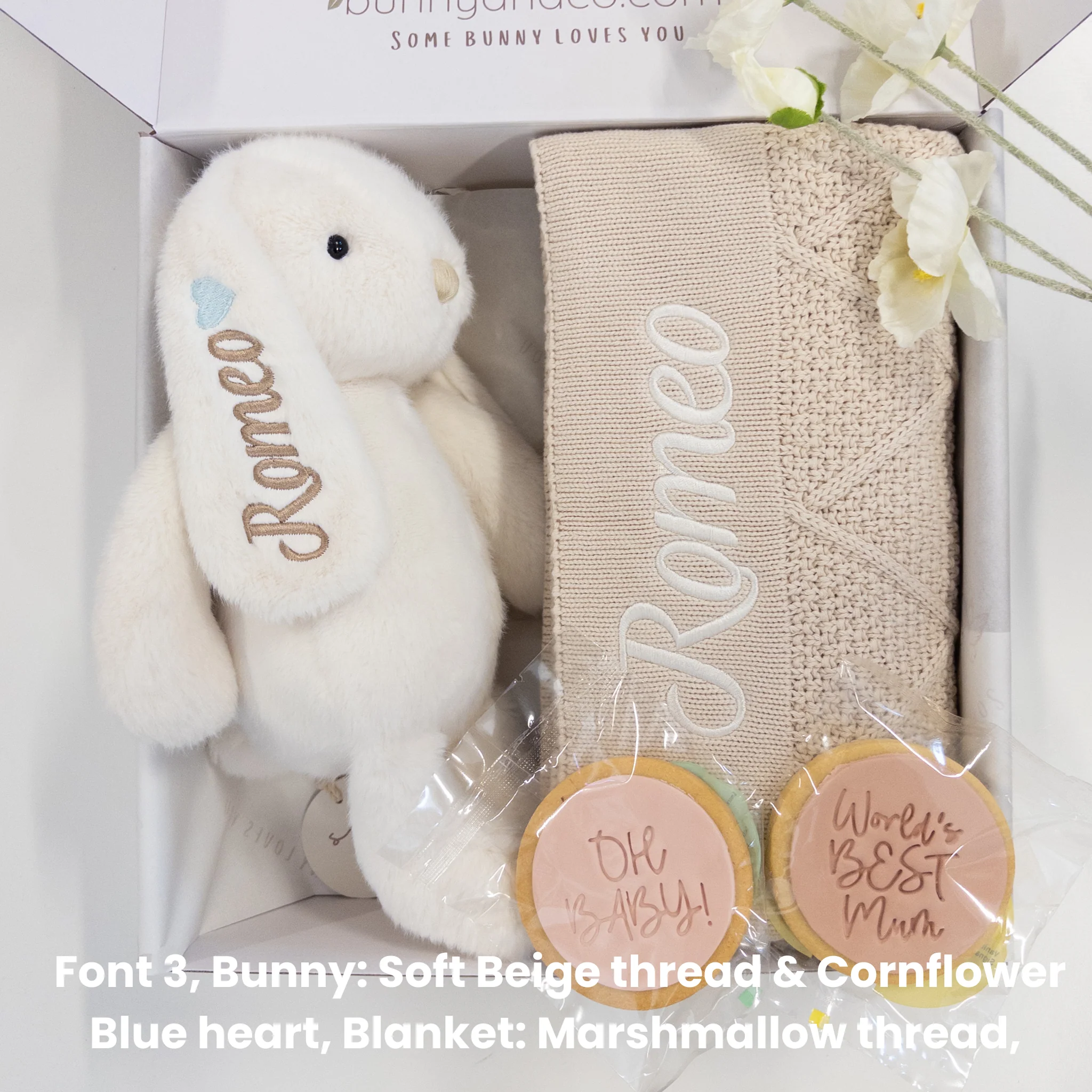 Personalised Marshmallow Bunny & Oatmeal Diamond Knit Blanket Baby Hamper - Image 7