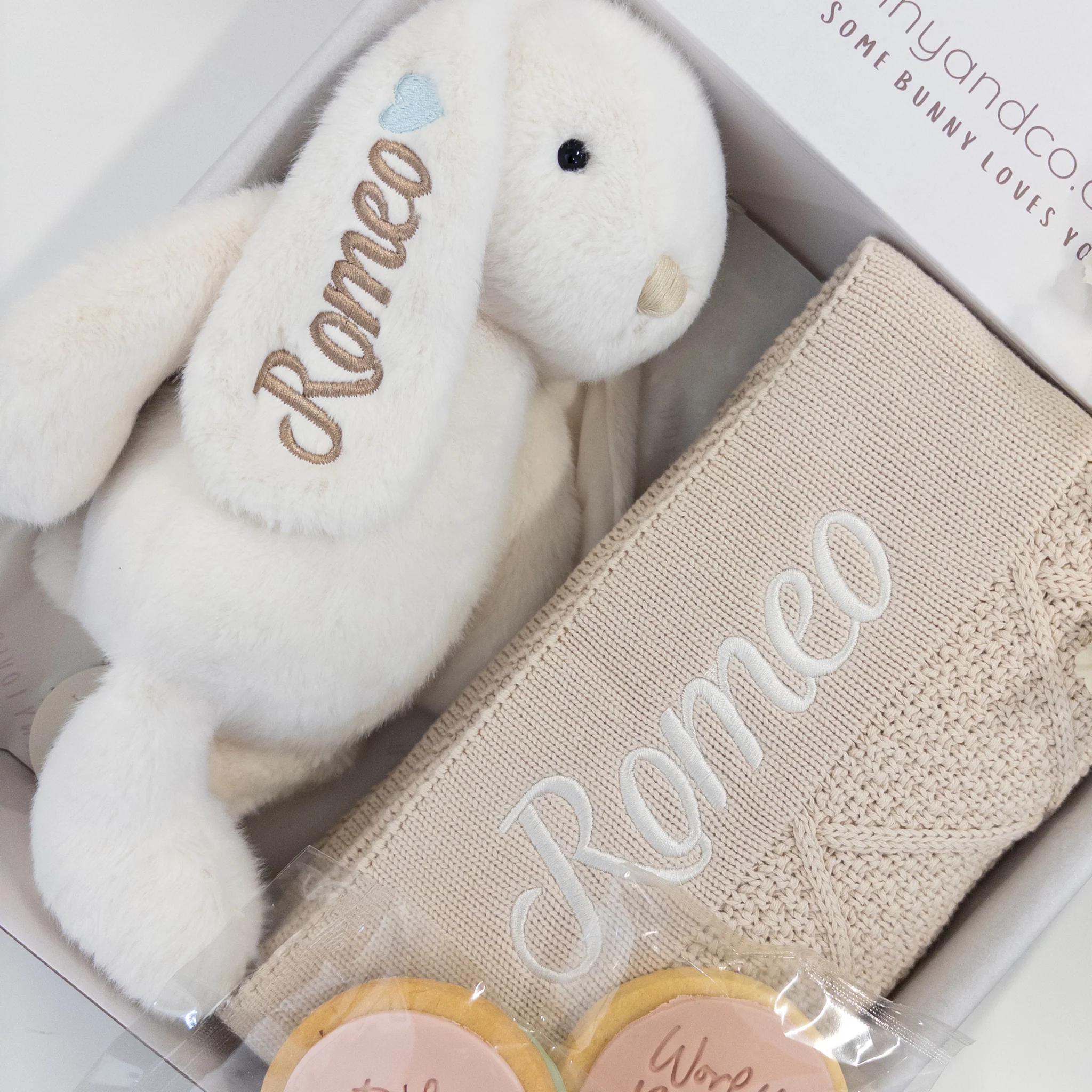 Personalised Marshmallow Bunny & Oatmeal Diamond Knit Blanket Baby Hamper - Image 8