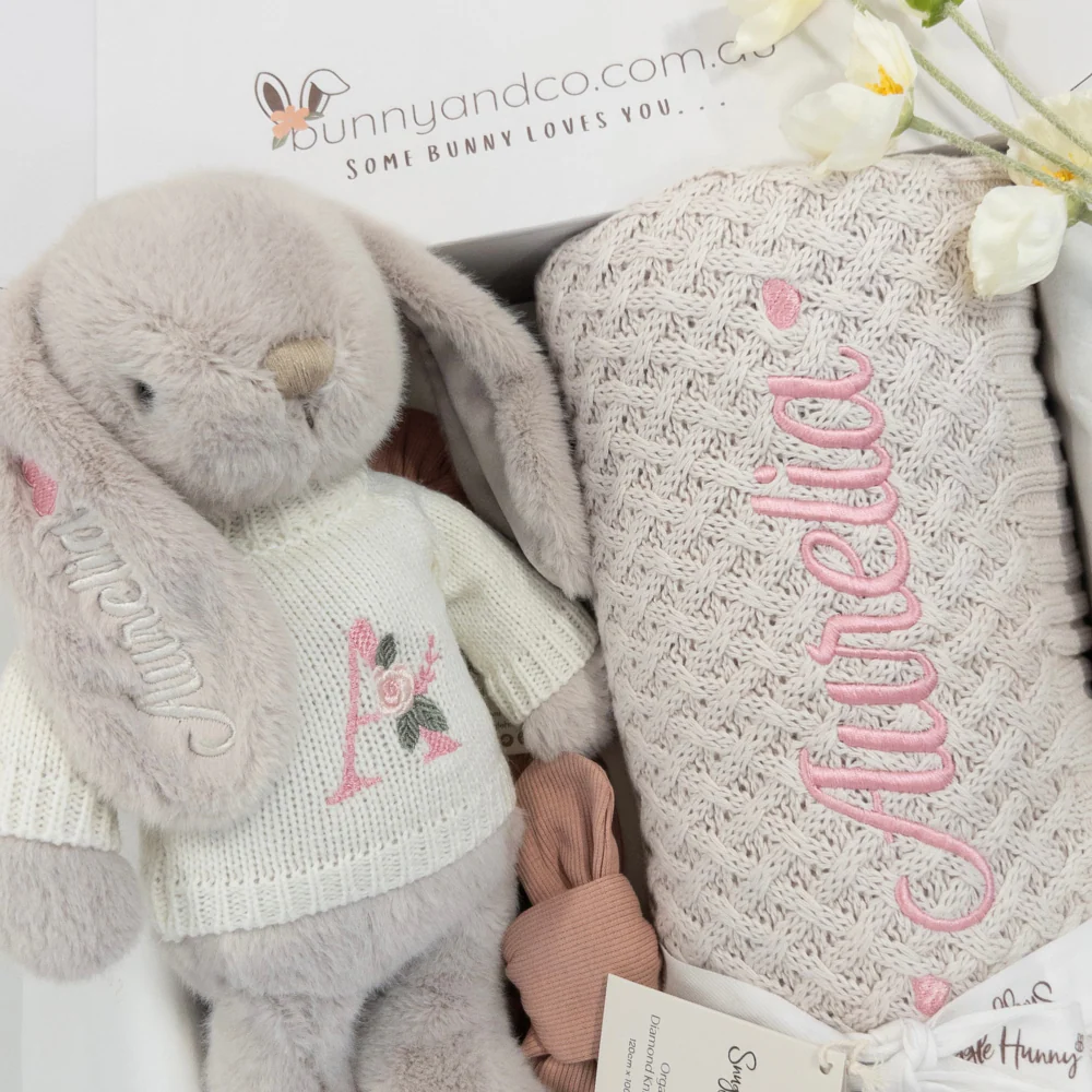 Personalised Snuggle Bunny & Blanket Gift Hamper - Warm Grey - Image 5