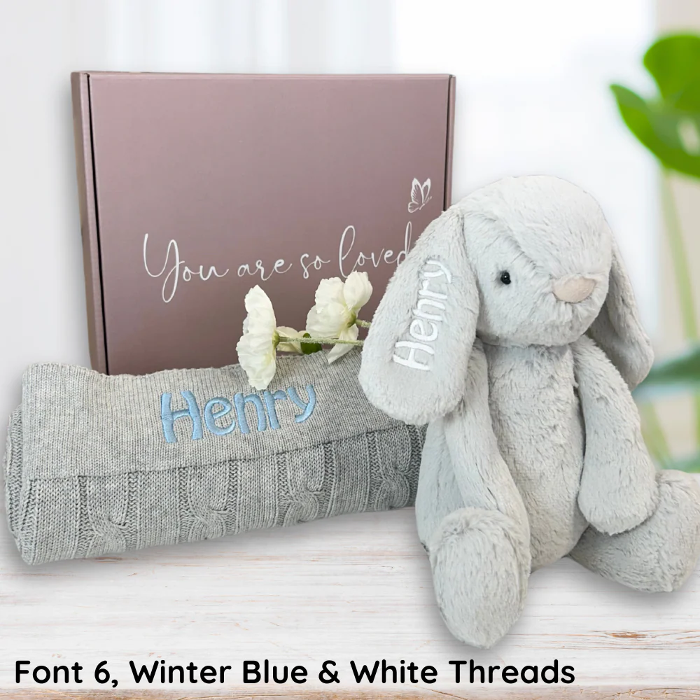 Personalised Moonbeam Snuggle Bunny & Grey Cable Knit Blanket - Image 3