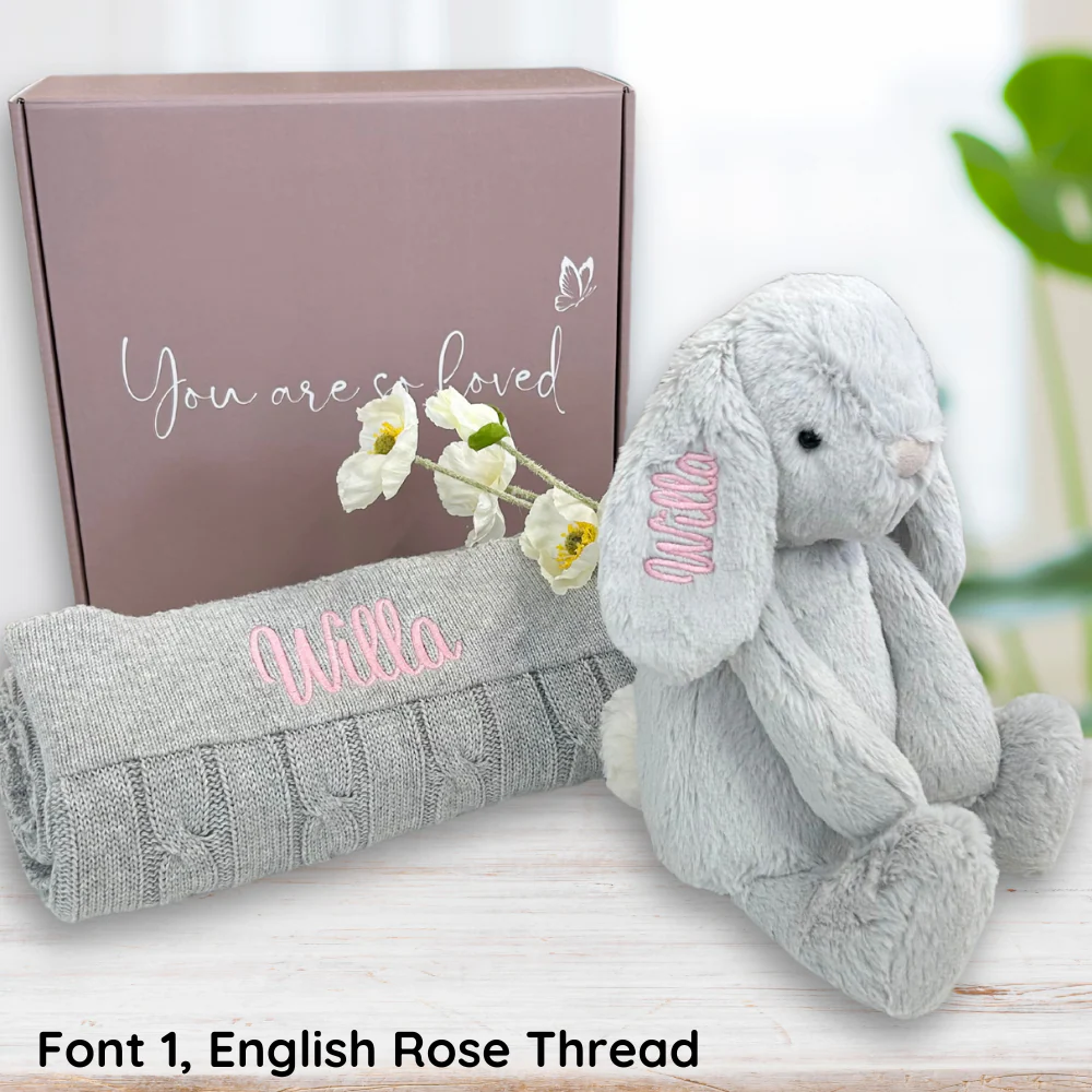Personalised Moonbeam Snuggle Bunny & Grey Cable Knit Blanket - Image 4