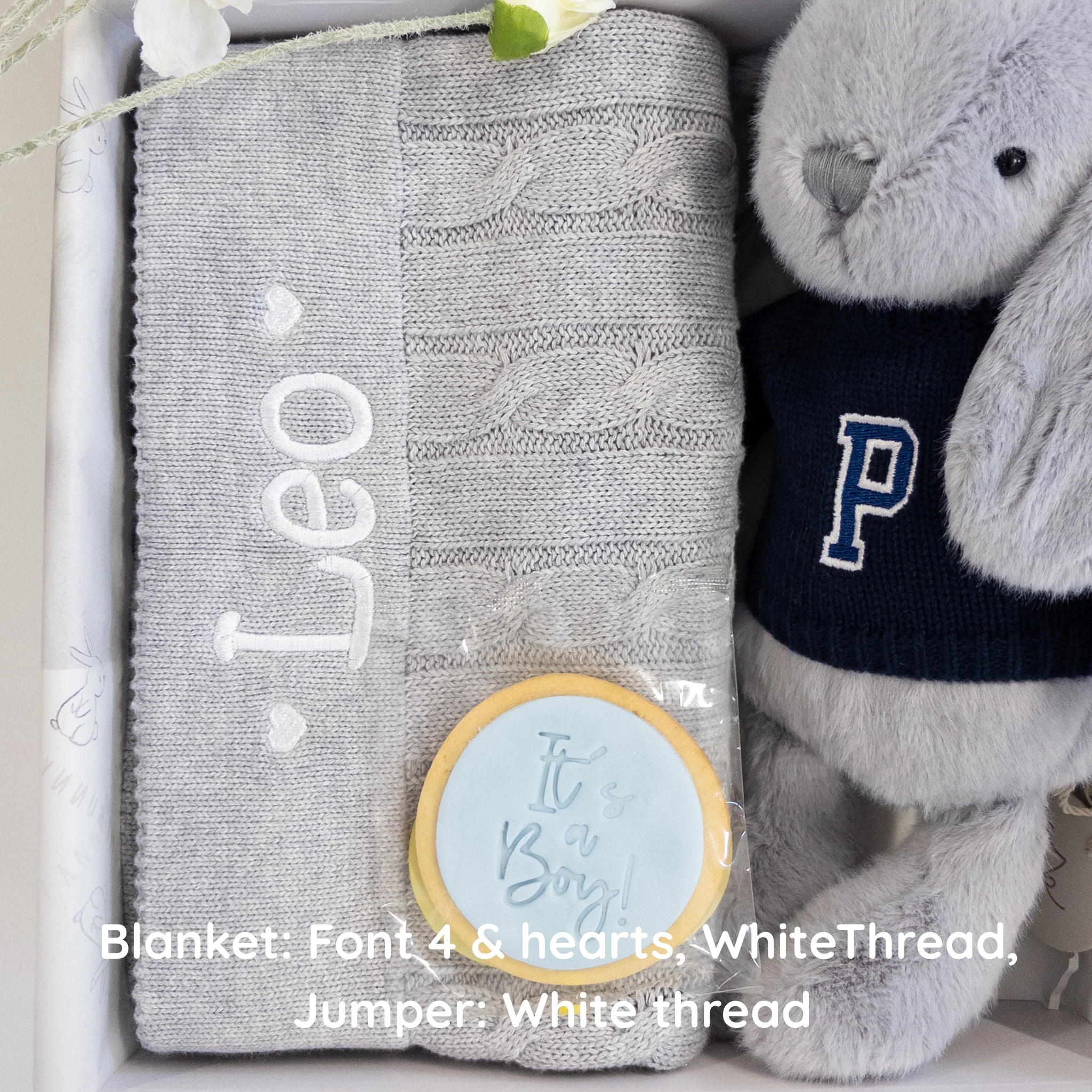 Personalised Silver Bunny & Grey Cable Knit Blanket Baby Hamper - Image 4
