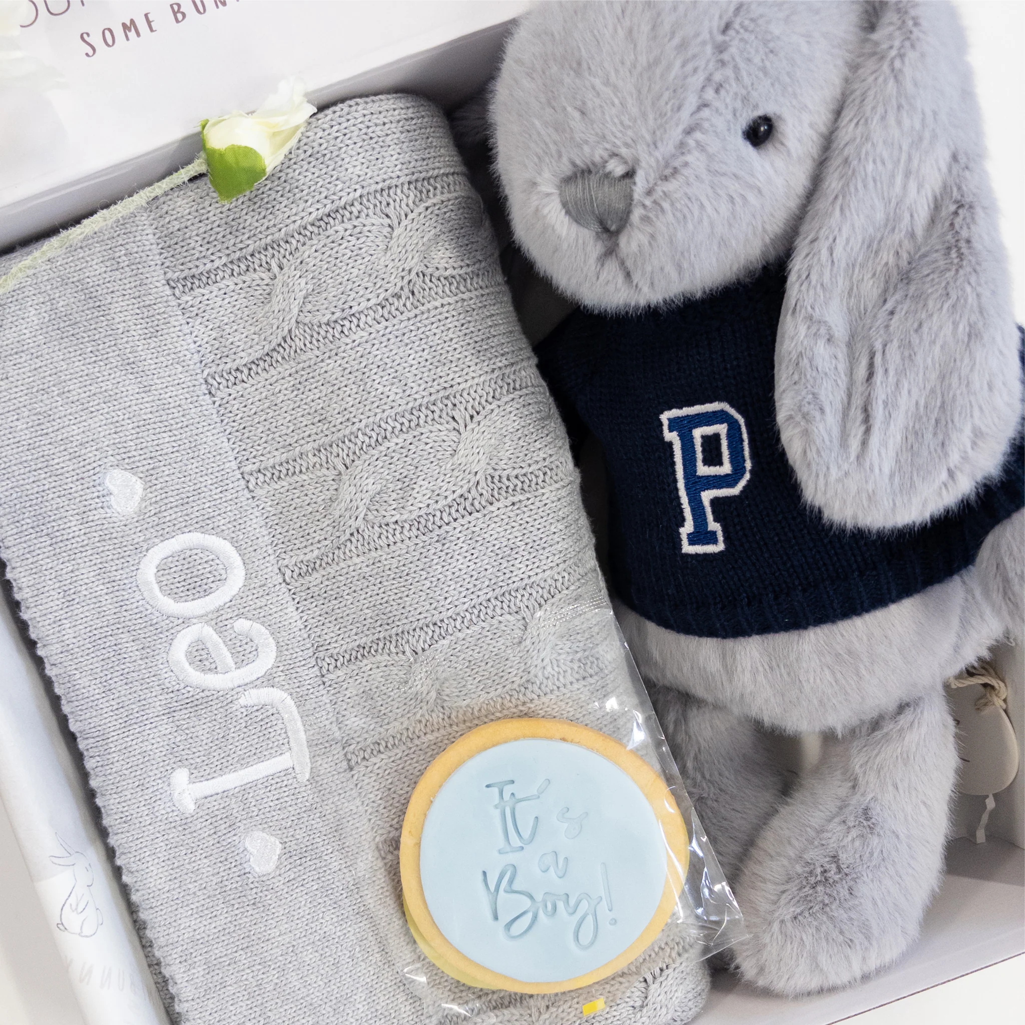 Personalised Silver Bunny & Grey Cable Knit Blanket Baby Hamper - Image 6